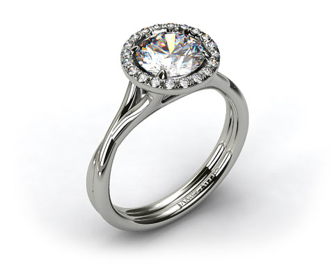 14k White Gold Pave Halo Twisted Shank Solitaire